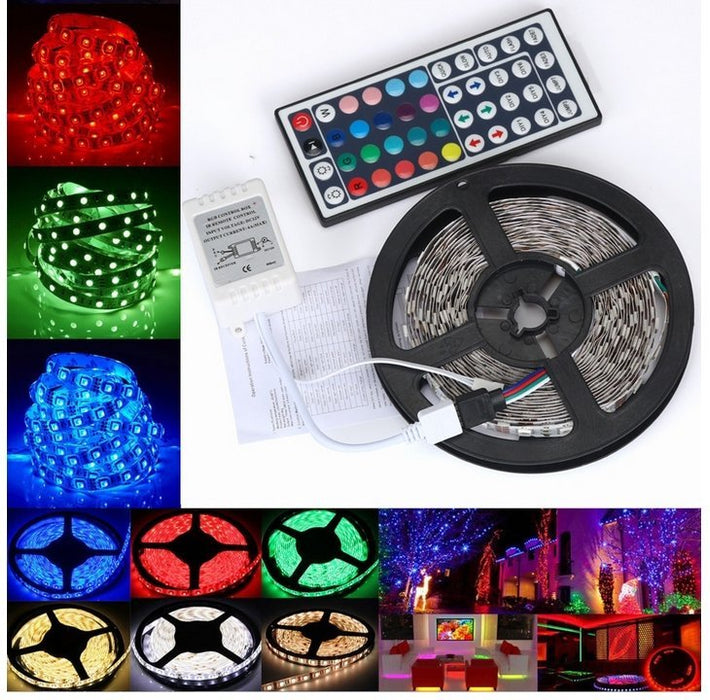 5 - 10 meter RGB Led Strips5 - 10 meters RGB Led Strips med fjernkontroll, vanntett klasse IP65, Super god IR-Switch. Komplett LED strips sett, av topp kvalitet med 300 led lys per meter - Se smart interiøroverrask.noOverrask.nonull