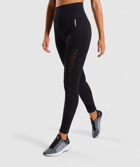Gymshark Energy+ Seamless Leggings - BlackJust add Energy. • Super high-waist fit • Eyelet detailing and glute contouring • Ribbed waistband • 7/8 length • 94% Nylon, 6% Elastane • Model is 5'7" and wears a tights & leggingsoverrask.noOverrask.nonull