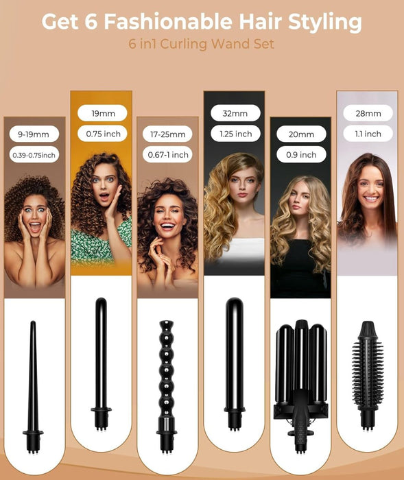 6 - i - 1 Wave Curler Professional Curling Wand Set, Instant Heat Up - Overrask.no