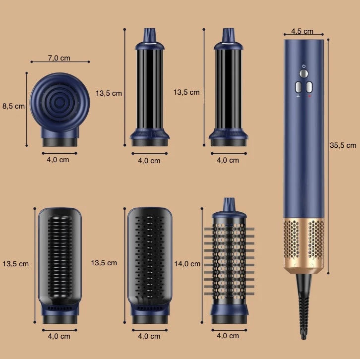 6-i-1 Profesjonell Hairstyler in blue color with multiple attachments for versatile hair styling.