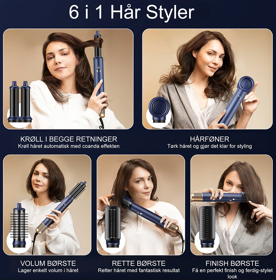 6-i-1 Profesjonell Hairstyler in use with various attachments for curling, drying, volumizing, and straightening.