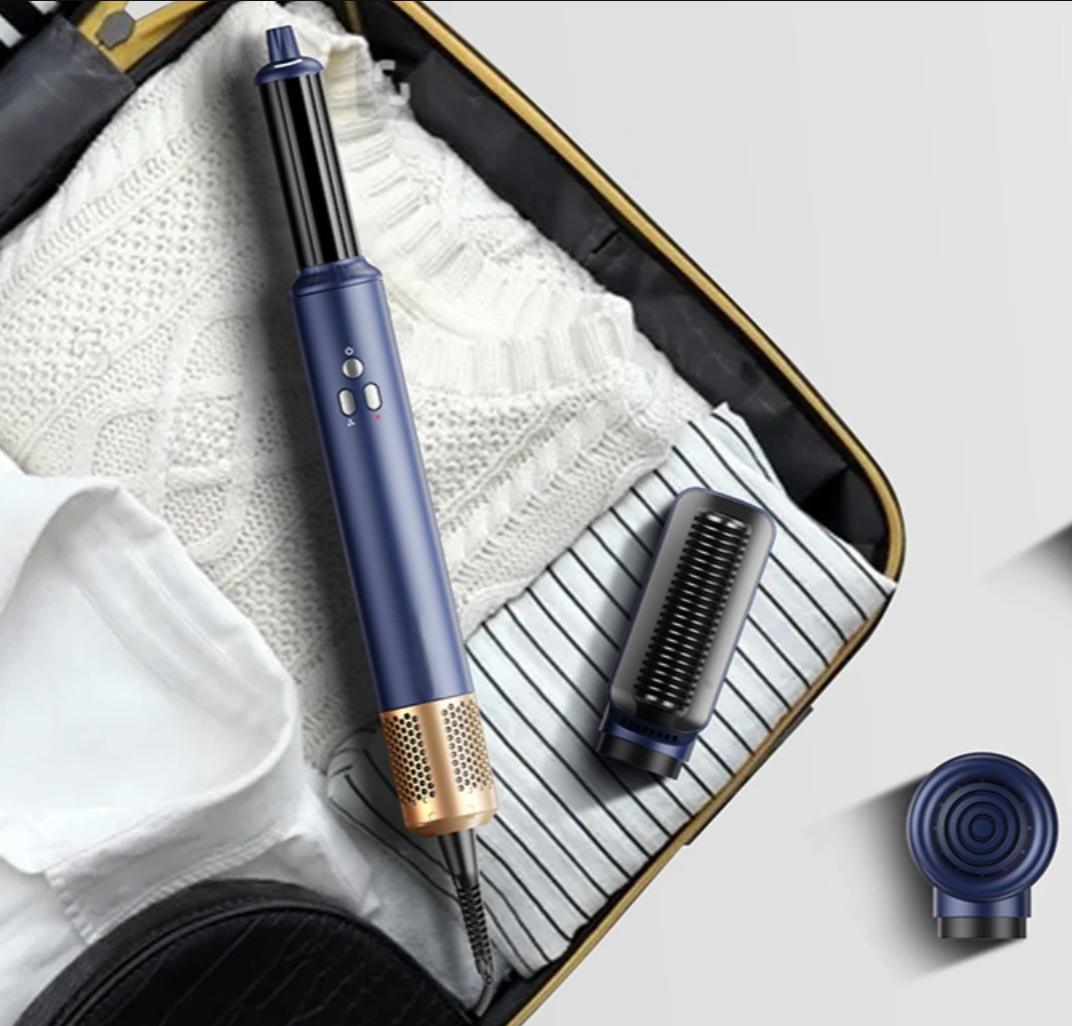6-i-1 Profesjonell Hairstyler in blue with attachments, packed for travel.