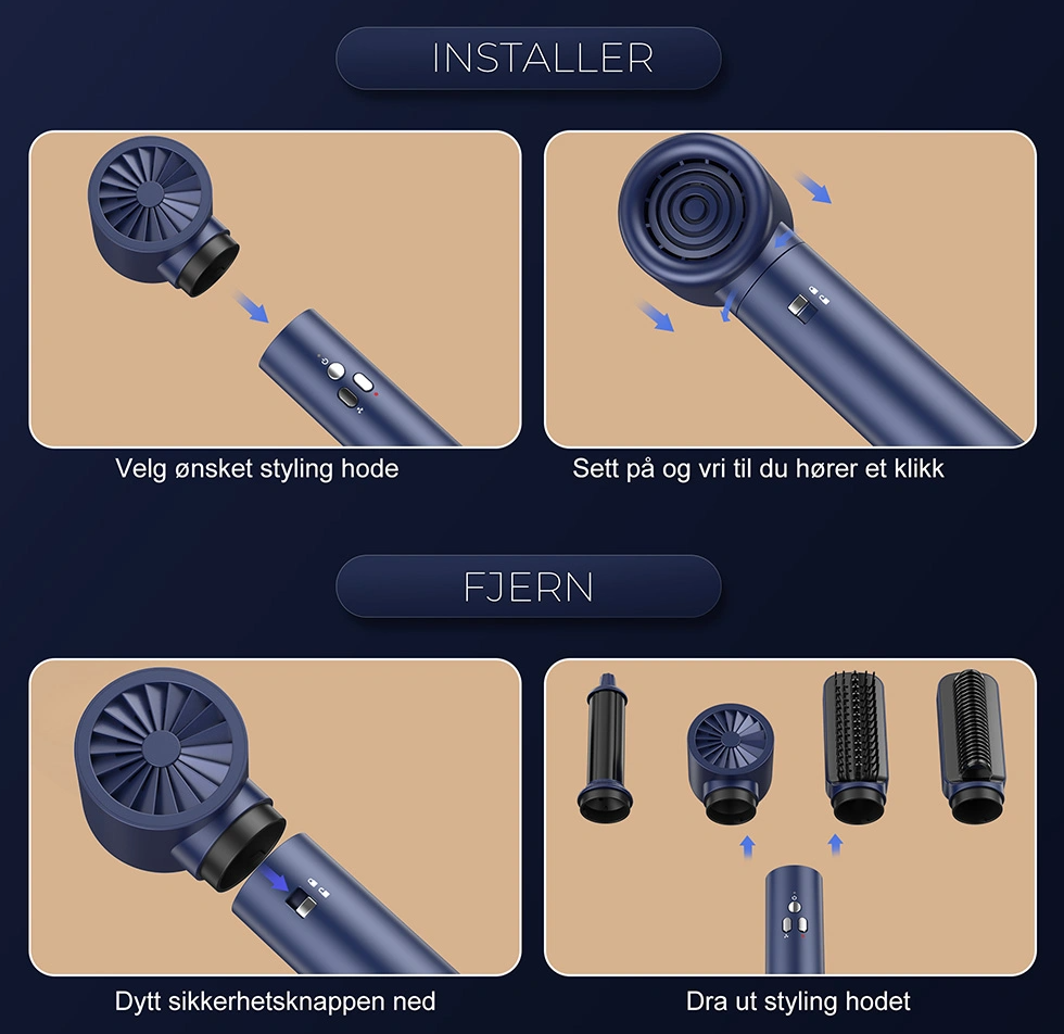 6-i-1 Profesjonell Hairstyler installation and removal instructions with various styling heads in gold color.