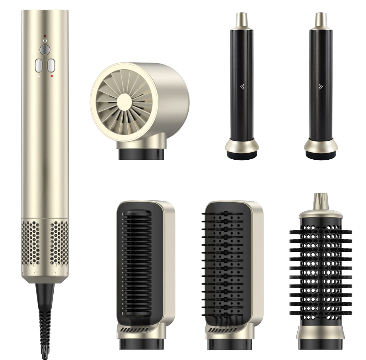 6-i-1 Profesjonell Hairstyler in gold with interchangeable attachments: hairdryer, curling wands, straightening comb, smoothing brush, and volumizing brush.
