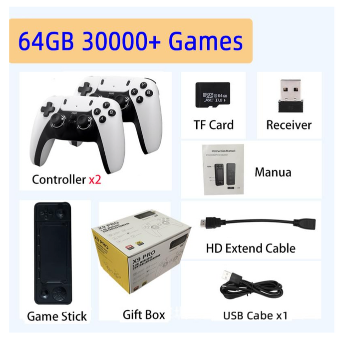 X9 PRO Retro Game Stick med 4K oppløsning, 30.000 spill og to kontrollere