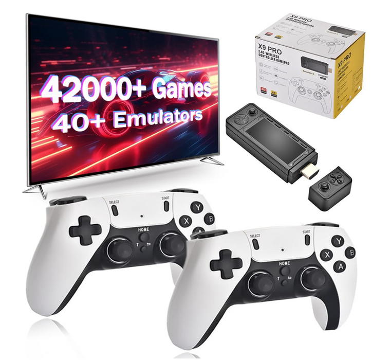 X9 PRO Retro Game Stick med 4K oppløsning, 30.000 spill og to kontrollere