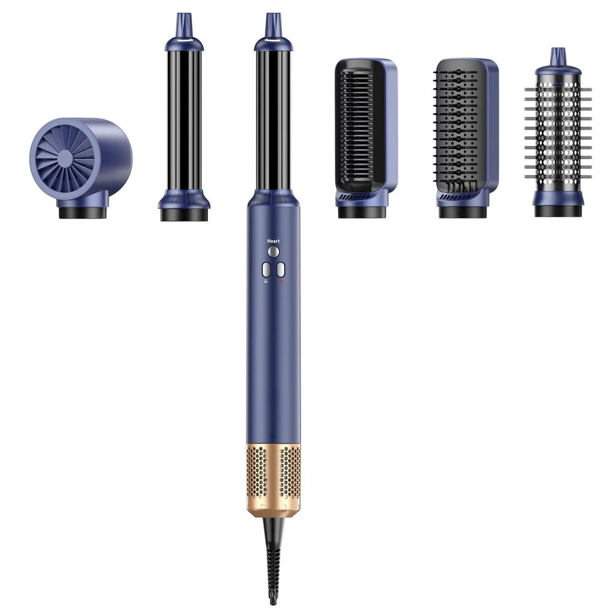 6-i-1 Profesjonell Hairstyler in blue with multiple styling attachments for versatile hair styling.