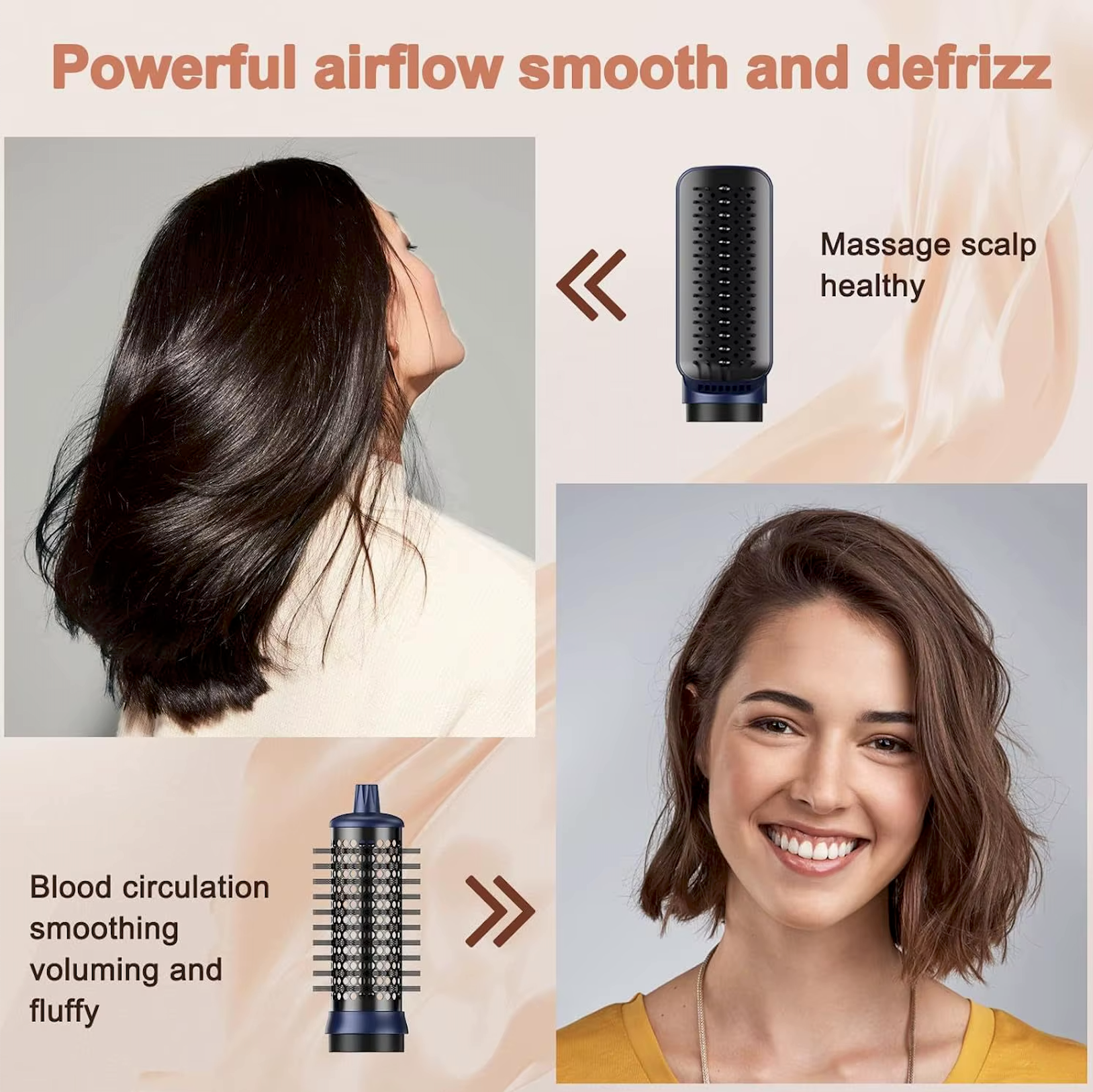 Powerful airflow smooths and defrizzes hair with 6-i-1 Profesjonell Hairstyler, showing massage and volumizing attachments.