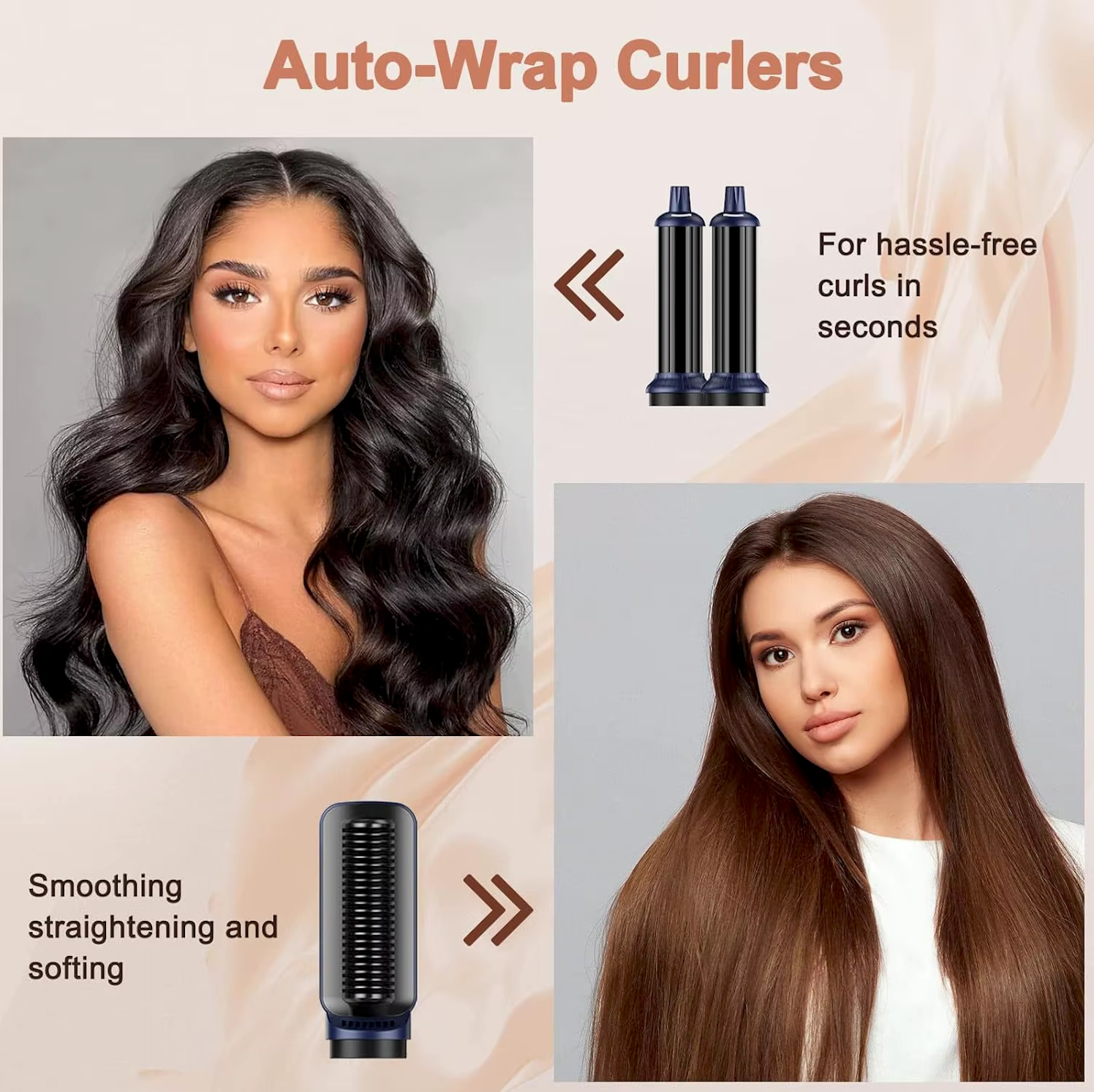 Auto-wrap curlers for smooth curls and straightening with 6-i-1 Profesjonell Hairstyler.