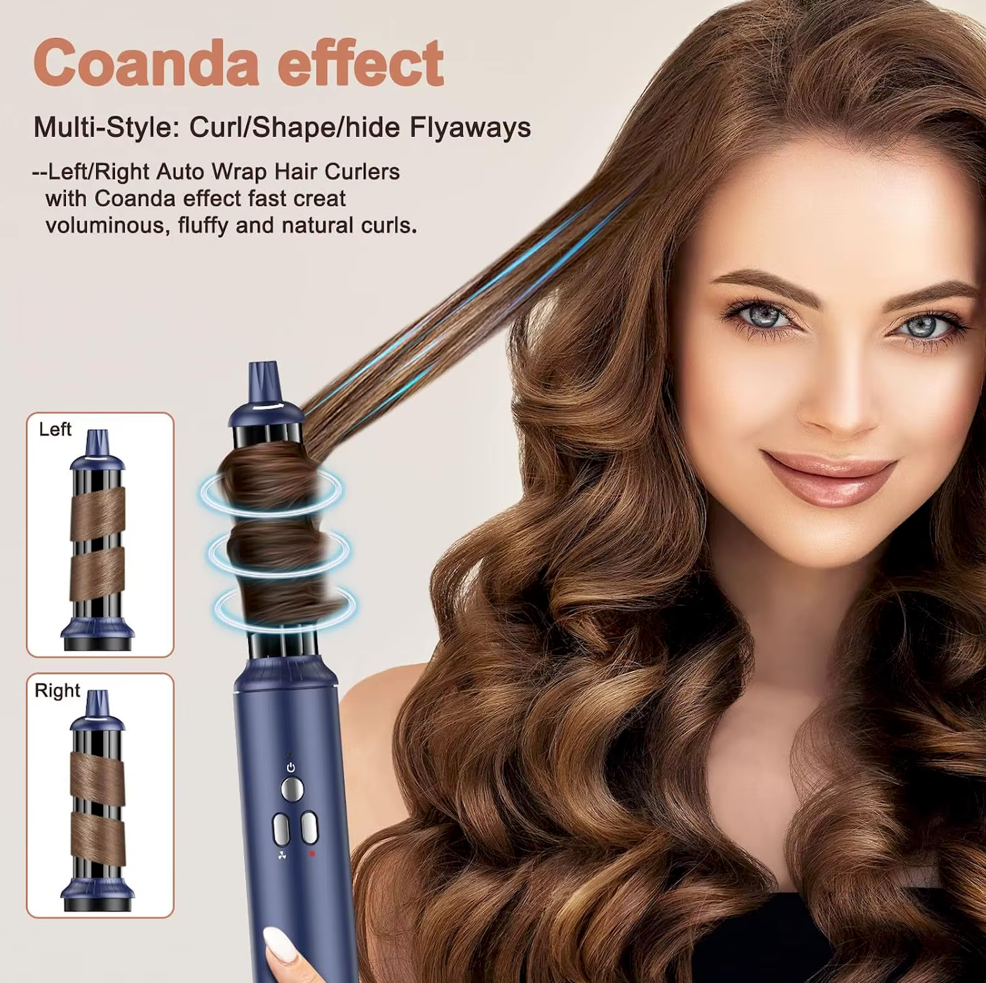 6-i-1 Profesjonell Hairstyler with Coanda effect in use, showing voluminous curls on a model's hair.