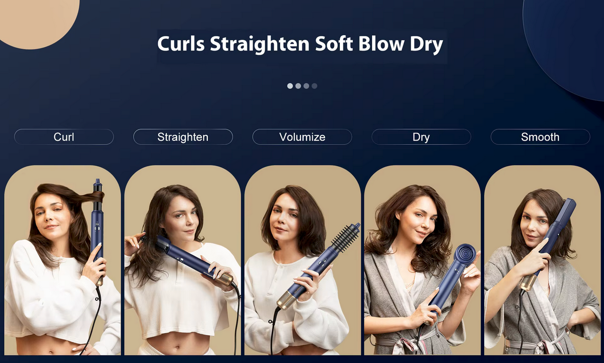 6-i-1 Profesjonell Hairstyler in use for curling, straightening, volumizing, drying, and smoothing hair, featuring a blue design.
