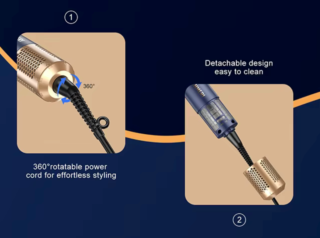6-i-1 Profesjonell Hairstyler with 360° rotatable power cord and detachable design for easy cleaning.