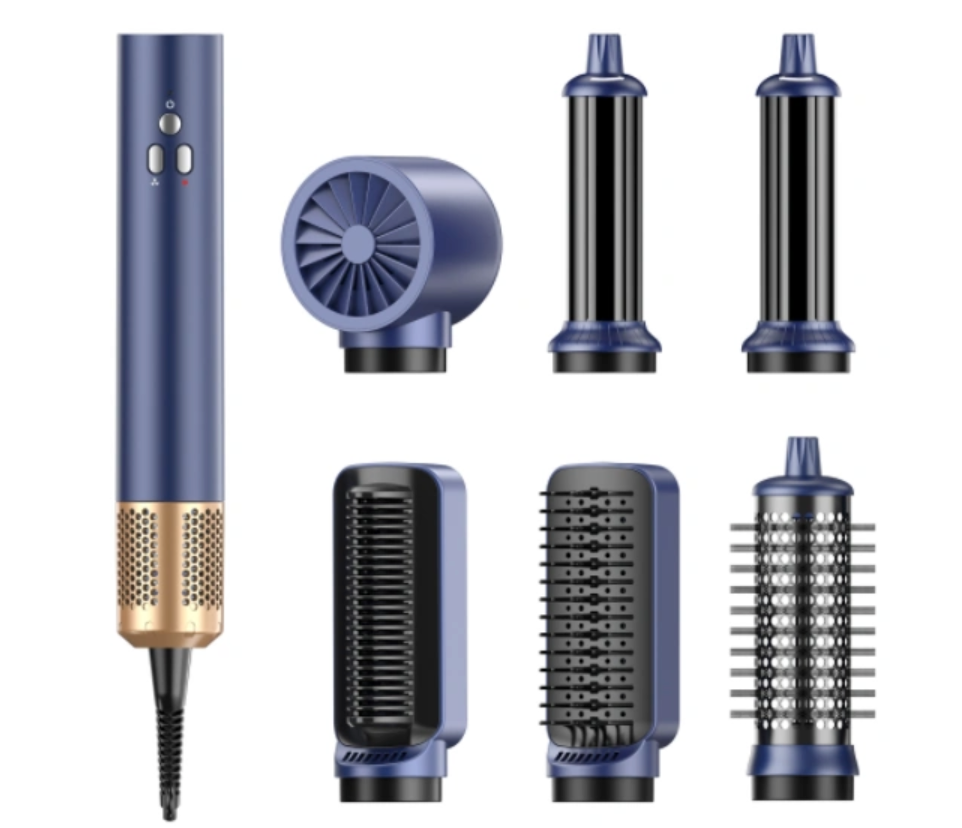 6-i-1 Profesjonell Hairstyler in blue with various styling attachments, including curlers and brushes.