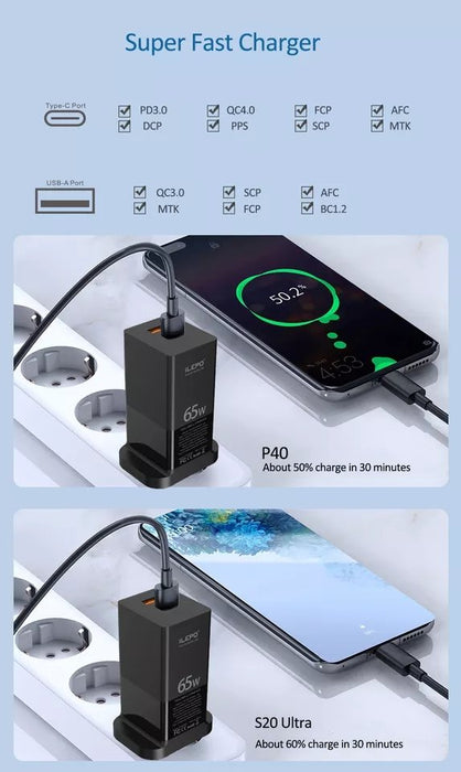 3 in 1 USB lader 65W Lader, USB-C PD, Hurtiglader til MacBook Air, og iPhone - Overrask.no